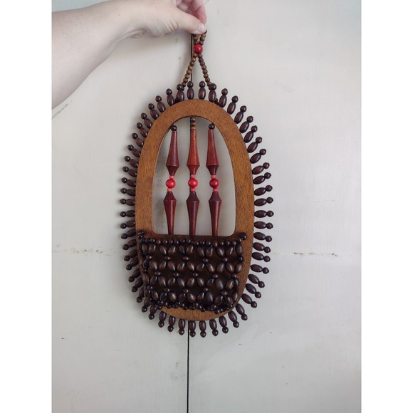 Handmade Other - VTG Wood Bead Beaded Plant Hanger Hanging Wall Pocket Sconce Boho Tribal 70s